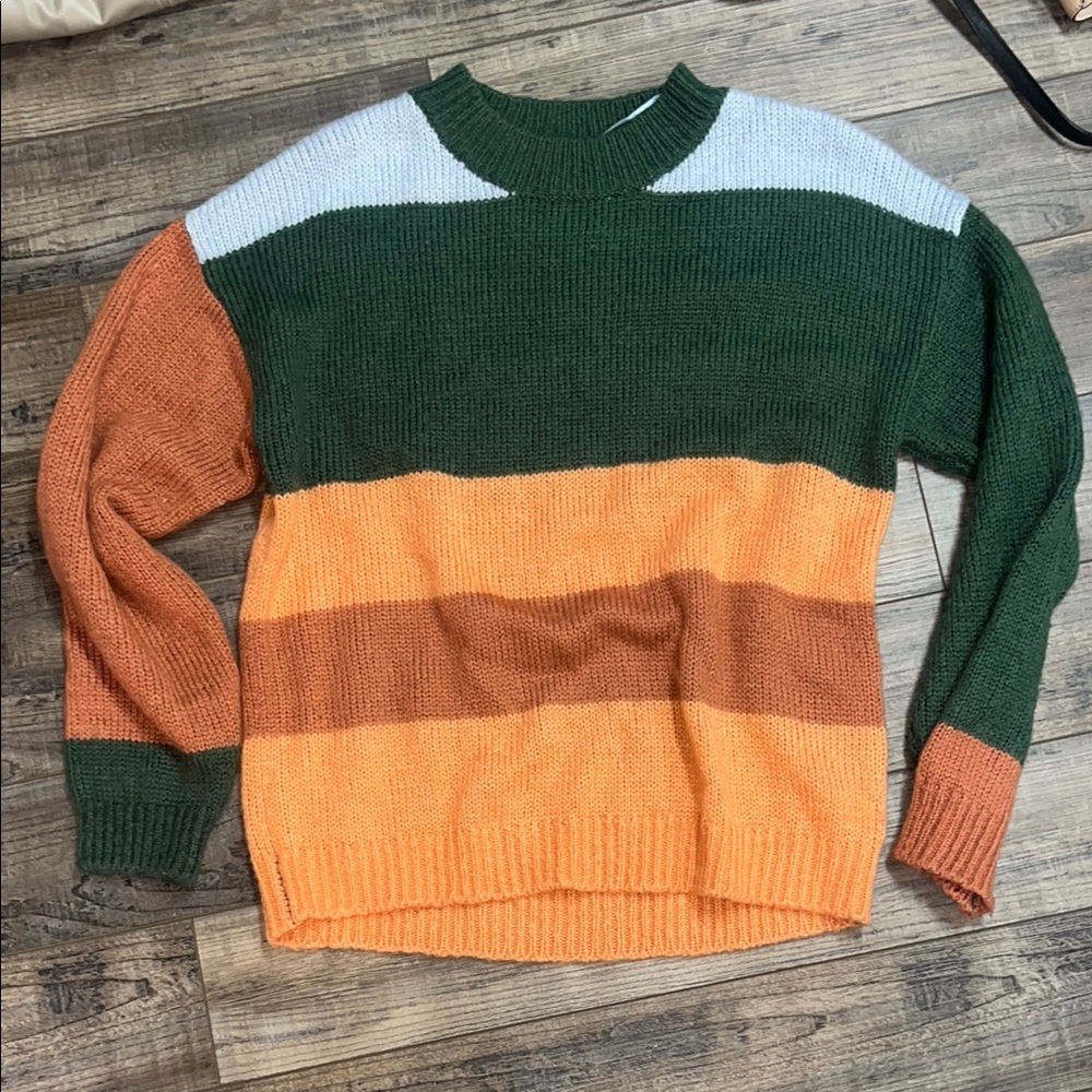 Colorblock Sweater - Green, Orange, Brown
